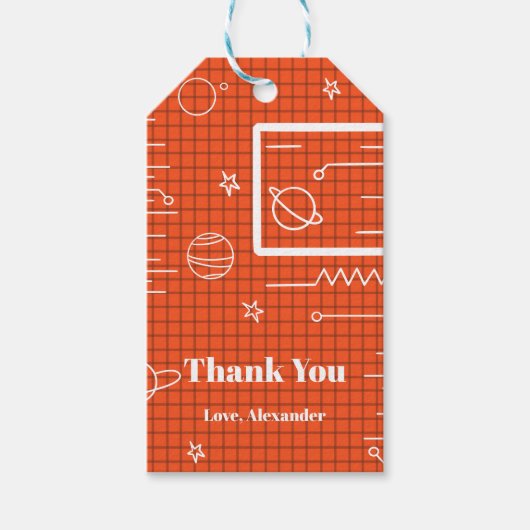 Oranje wit ruimtescherm thema Birthday Cadeaulabel (Voorkant)