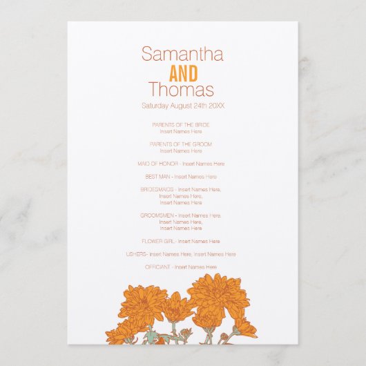 Oranje witchrysanthemum bruiloft programmakaart (Voorkant)