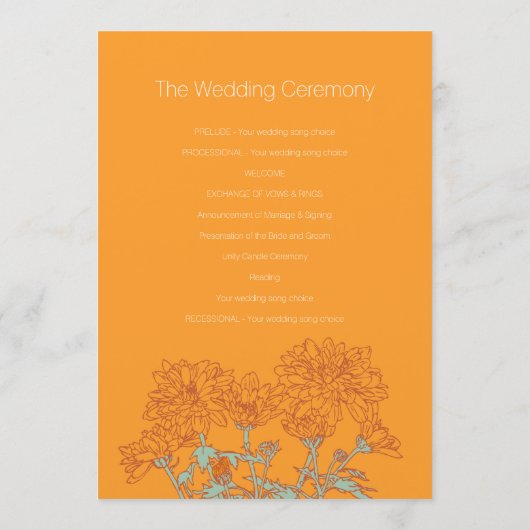 Oranje witchrysanthemum bruiloft programmakaart (Achterkant)