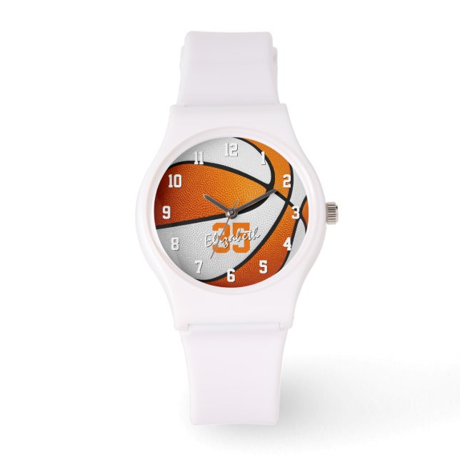oranje witte basketbal meisjes naam jersey nummer horloge (Voorkant)
