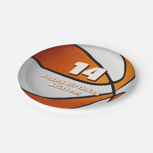 oranje witte basketbal meisjes sportfeest papieren bordje (Gekanteld)