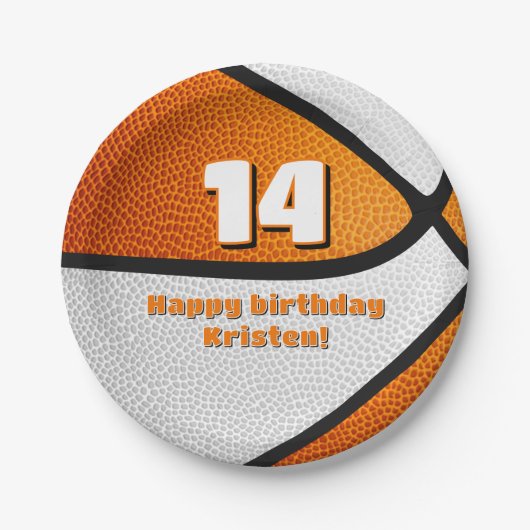 oranje witte basketbal meisjes sportfeest papieren bordje (Voorkant)
