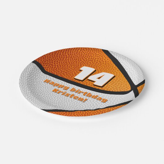 oranje witte basketbal meisjes sportfeest papieren bordje (Gekanteld)