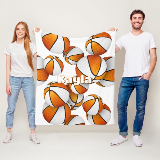 oranje witte basketballen meisjes sportkamer decor fleece deken (In situ)