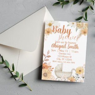 Oranje & Witte Bloemen, Koets Baby Shower Kaart