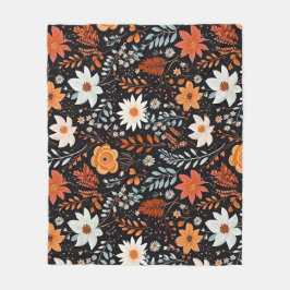 Oranje witte bloemen zwart fleece deken