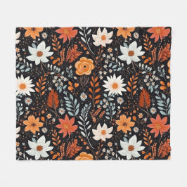 Oranje witte bloemen zwart fleece deken