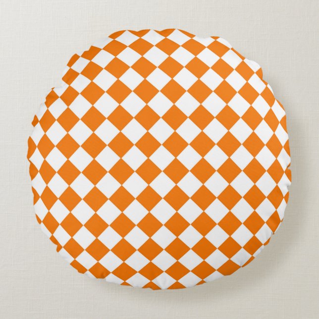 Oranje Witte Checker Diamant Patroon  Rond Kussen (Voorkant)