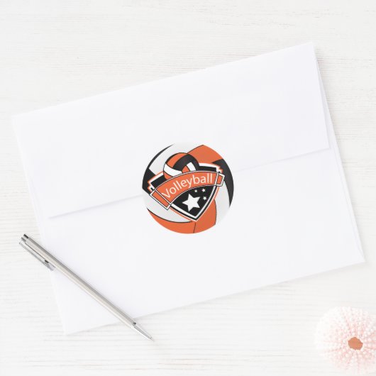 Oranje, witte en zwarte volleybalsuperster ronde sticker (Envelop)