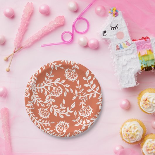 Oranje Witte  Floral Print Party Papieren Bordje (Feest)