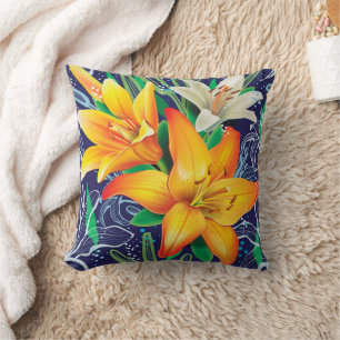 Oranje witte gelilies Floral Navy Blue Sierkussen