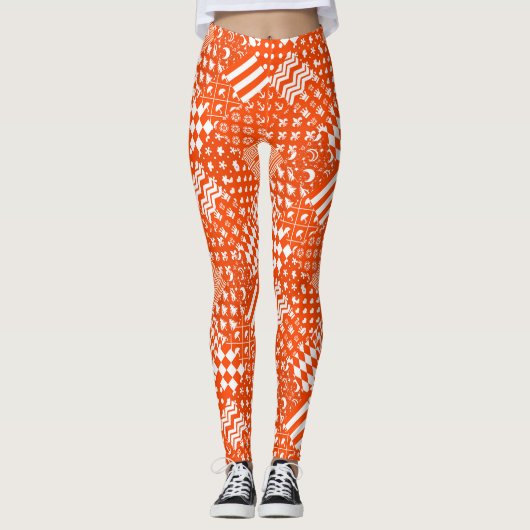 Oranje Witte Gemengde Patchwork Ontwerp Leggings (Voorkant)