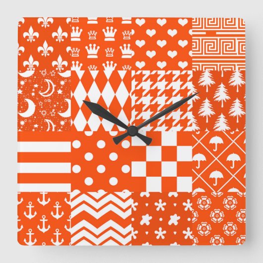 Oranje Witte Gemengde Patchwork Ontwerp Vierkante Klok (Voorkant)