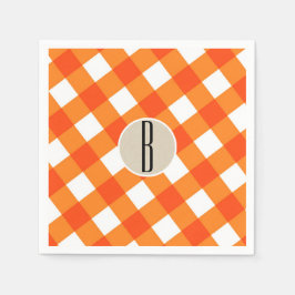 Oranje Witte Geruite Kraft Rustieke Monogram Initi Servet