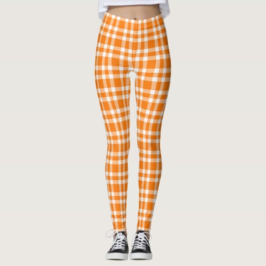 Oranje Witte Gestreepte Plaid Patroon Leggings (Voorkant)
