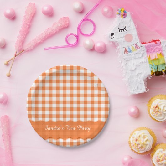Oranje Witte Gingham Pattern Gepersonaliseerde Par Papieren Bordje (Feest)