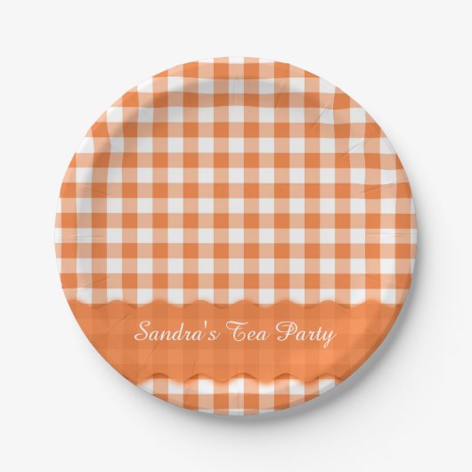 Oranje Witte Gingham Pattern Gepersonaliseerde Par Papieren Bordje (Voorkant)