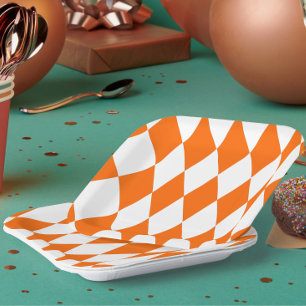 Oranje Witte Harlequin Diamonds Checkers Ontwerp Papieren Bordje