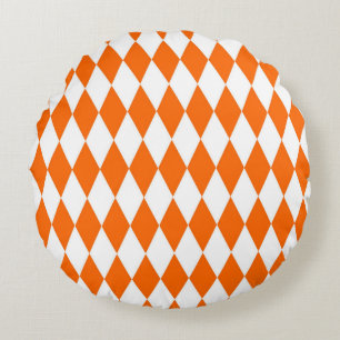 Oranje Witte Harlequin Diamonds Checkers Ontwerp Rond Kussen