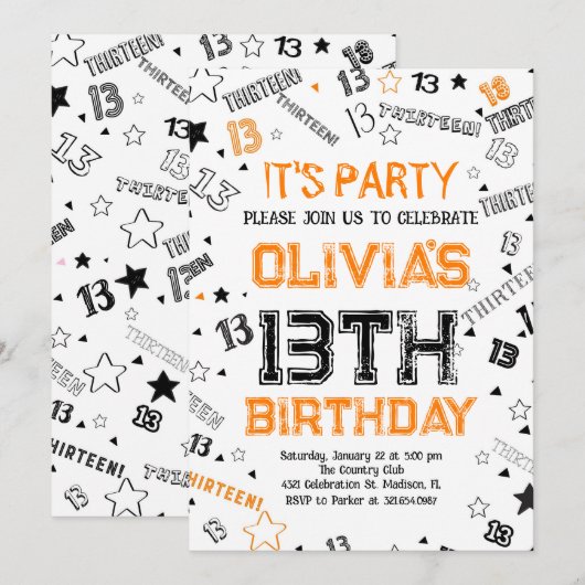 Oranje witte jongen nummer dertien verjaardagsfees kaart (Voorkant / Achterkant)