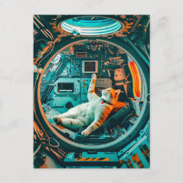 Oranje witte kat in het cockpit van het ruimtevaar feestdagenkaart