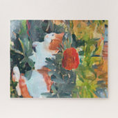 Oranje/witte kat onder een bloeiende struik legpuzzel (Horizontaal)