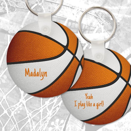 oranje witte meisjes gepersonaliseerde basketbal sleutelhanger