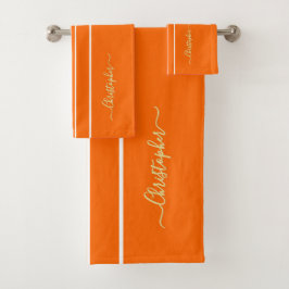 Oranje witte racestrepen Faux Gold Monogrammed Bad Handdoek