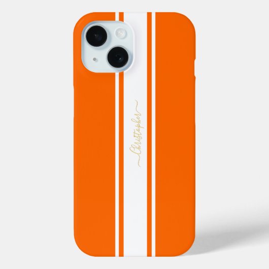 Oranje witte racestripes met goudmonogrammatica Case-Mate iPhone case (Achterkant)