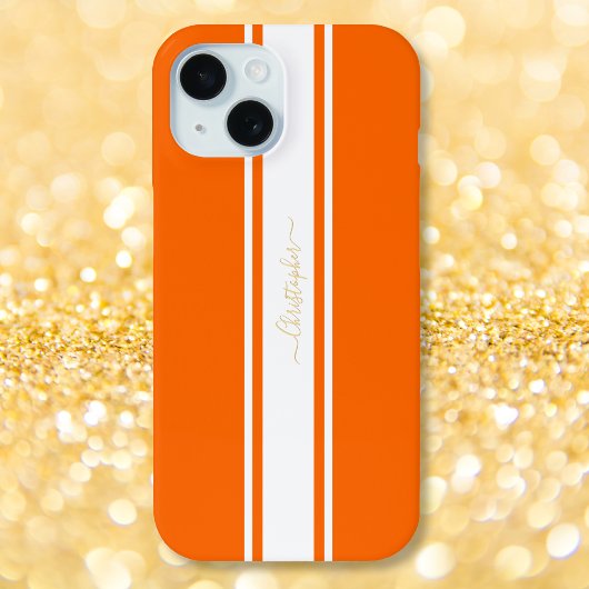 Oranje witte racestripes met goudmonogrammatica Case-Mate iPhone case