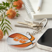 oranje witte school team kleuren basketbal sleutelhanger (Voorkant Rechts)