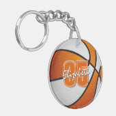 oranje witte school team kleuren basketbal sleutelhanger (Voorkant Links)