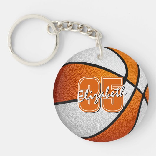 oranje witte school team kleuren basketbal sleutelhanger (Voorkant)