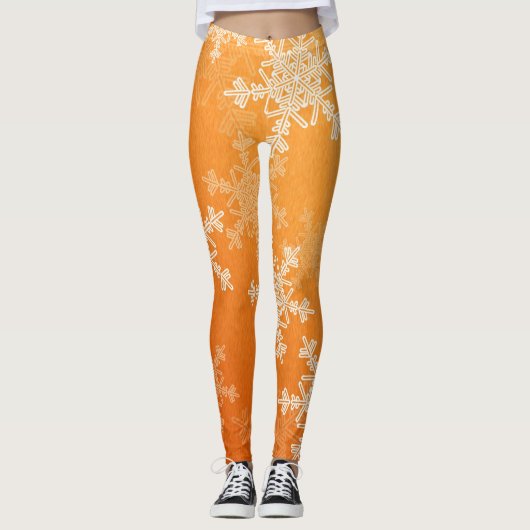 Oranje Witte Sneeuwvlokken Minimalistische Kerst Leggings (Voorkant)