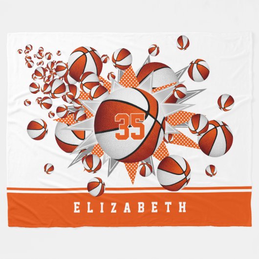 oranje witte sportkamer meisjes basketballen sterr fleece deken (Voorkant (Horizontaal))