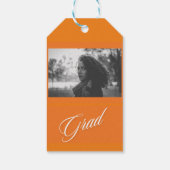 Oranje & witte tekst & foto afstudeerder partij gu cadeaulabel (Achterkant)