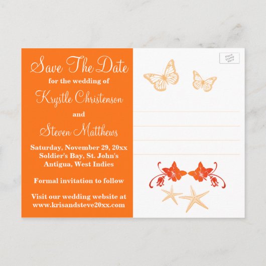 Oranje Witte Tropische Beach sparen het Briefkaart (Achterkant)