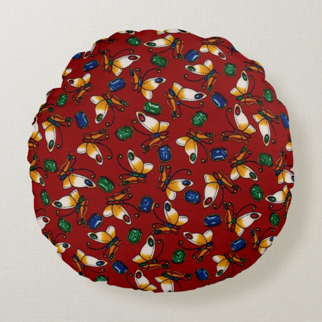 Oranje witte vlinders, Emerald, Sapphire op red Rond Kussen (Voorkant)