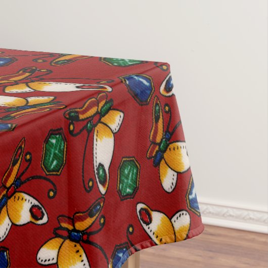 Oranje witte vlinders, Emerald, Sapphire op red Tafelkleed (Voorbeeld)