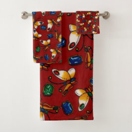 Oranje witte Vlinders, Smaragd, Saffier op rood Bad Handdoek