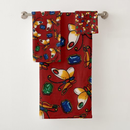 Oranje witte Vlinders, Smaragd, Saffier op rood Bad Handdoek (Insitu)