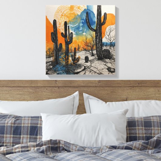 Oranje woestijncactus Waterverf muurkunst Canvas Afdruk (Insitu (Slaapkamer))