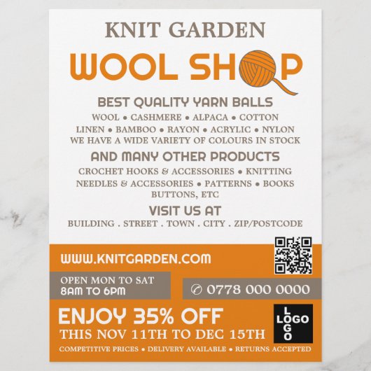 Oranje wol Winkel, Knitting Store, Garn Store Flyer (Voorkant)