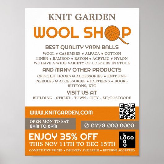 Oranje wol Winkel, Knitting Store, Garn Store Poster (Voorkant)