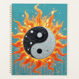Oranje Yin Yang Met Gouden Stralende Details Planner
