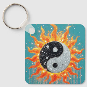 Oranje Yin Yang Met Gouden Stralende Details Sleutelhanger