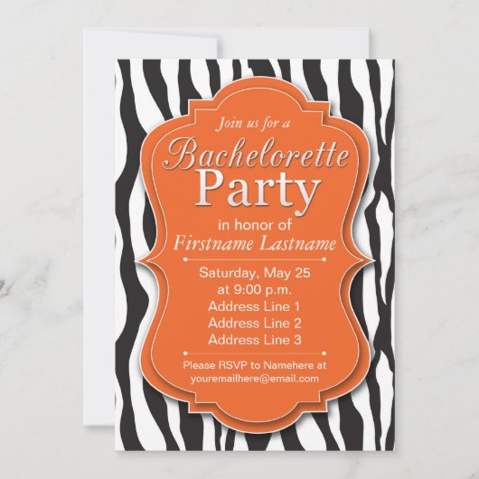 Oranje Zebra Print Bachelorette Party uitnodiginge Kaart (Voorkant)