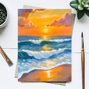 Oranje Zee Zonsondergang Aquarel Oceaan Golven Ges Briefkaart