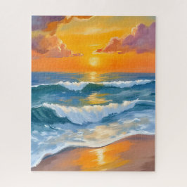 Oranje Zee Zonsondergang Aquarel Oceaan Golven Ges Legpuzzel