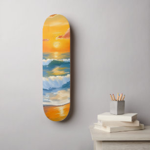 Oranje Zee Zonsondergang Aquarel Oceaan Golven Ges Persoonlijk Skateboard